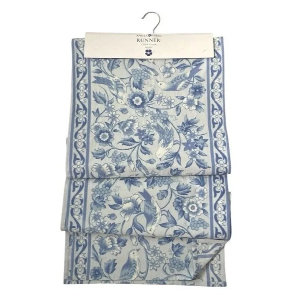 April Cornell Blue Table Runner 16x90 Floral Birds 100% Cotton French Country